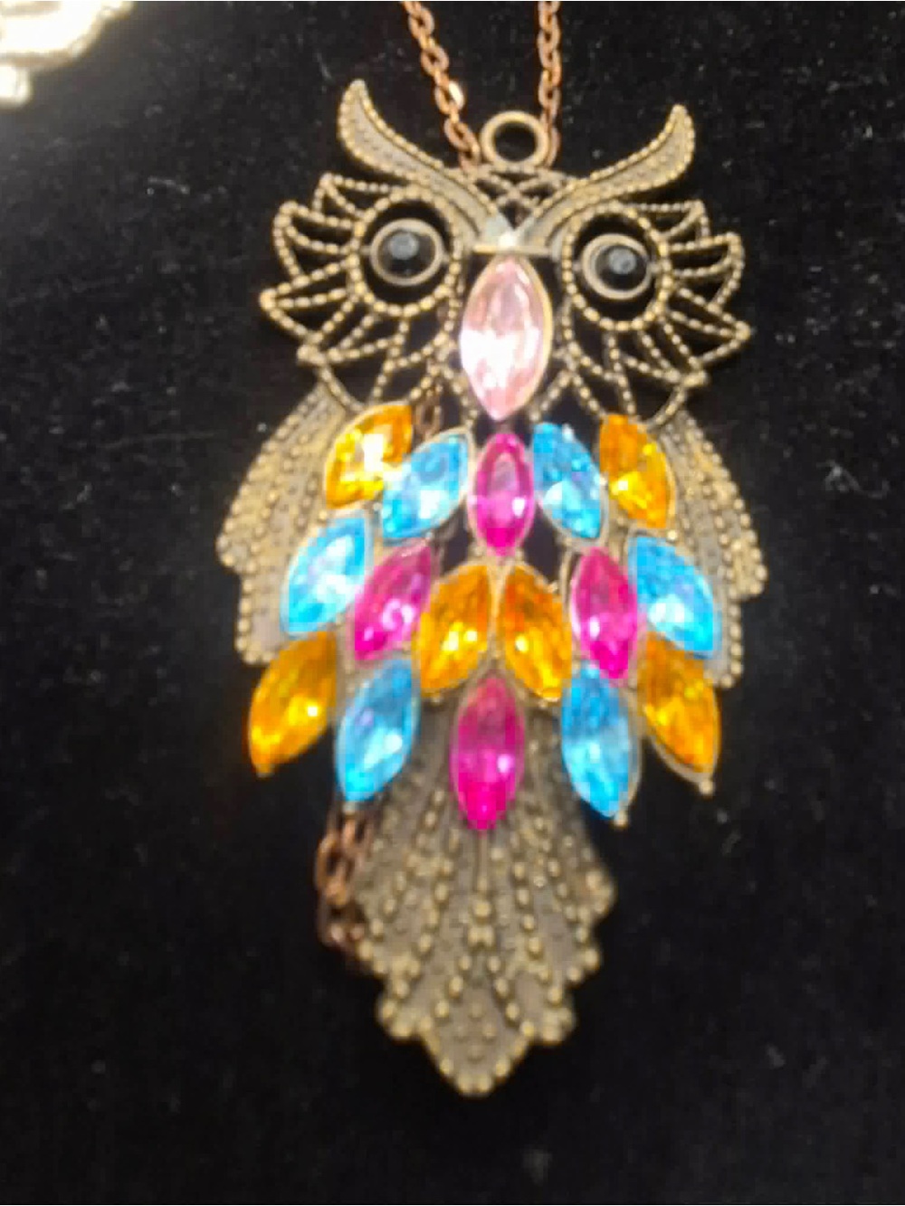 Large Vintage Owl Pendant Necklace Retro Jewelry with Colorful Rhinestones